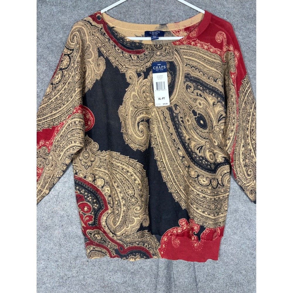 Chaps Petite Womens XL-PT Paisley Cotton Knit Sweater 3/4 Sleeve Black Red Tan